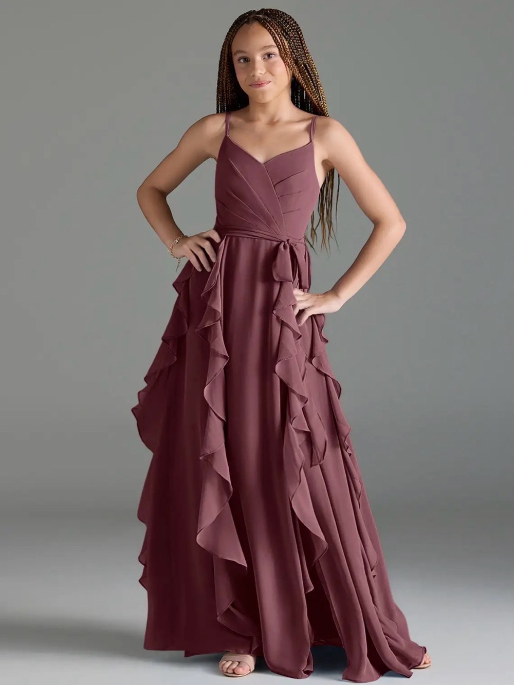 Azazie Mauve Ruffle-Trim Spaghetti Strap Formal Dress